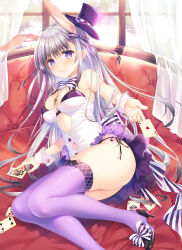  animal_ears bare_shoulders bra breasts card clothes_lift clothing_cutout commentary_request couch covered_nipples dress female grey_hair hat high_heels highres holding holding_card impossible_clothes indoors large_breasts light_blush long_hair looking_at_viewer lying magician on_couch on_side original outstretched_arm panties purple_bra purple_dress purple_thighhighs rabbit_ears reclining skirt skirt_lift solo stomach_cutout string_panties tatekawa_mako thighhighs top_hat underwear very_long_hair window 