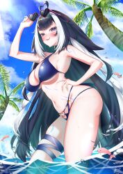  ahoge belt_collar bikini black_hair blue_bikini blue_collar blush body_markings breasts cetacean_tail collar criss-cross_halter day facial_mark female fins fish_tail halterneck hand_on_own_hip heart heart-shaped_eyewear heart_ahoge highres indie_virtual_youtuber kakizuki5 large_breasts long_hair looking_at_viewer multicolored_hair orca_girl outdoors parted_lips purple_eyes shylily shylily_(bikini) solo standing streaked_hair sunglasses swimsuit tail virtual_youtuber water white_hair 