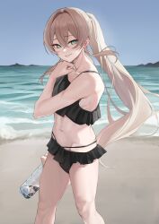  1boy absurdres beach bikini black_bikini blonde_hair blue_sky bottle collarbone crossdressing crossdressing_(mtf) frilled_bikini frills green_eyes highres holding holding_bottle male_focus navel ocean original ponytail rock sand shun_en sky smile solo swimsuit teeth toned toned_male trap water waves zurui_ninjin 