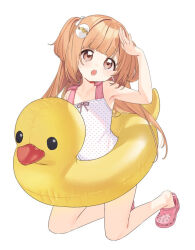  brown_eyes commentary_request duck_innertube egg_hair_ornament female food-themed_hair_ornament hair_ornament innertube kirara_tamako kneeling long_hair nijisanji nikuya_mugi one-piece_swimsuit open_mouth orange_hair pink_sandals polka_dot polka_dot_swimsuit sandals simple_background solo swim_ring swimsuit virtual_youtuber white_background white_one-piece_swimsuit 