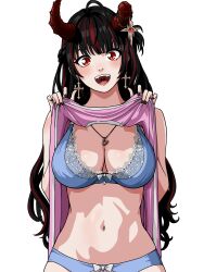  absurdres asymmetrical_horns black_hair black_nails blue_bra blue_panties bluejump bra breasts broken_horn broken_horns chains clothes_lift cross cross_earrings demon_horns earrings fangs frilled_bra frills highres horns jegal_geumja jewelry large_breasts long_hair mannerheim0426 multicolored_hair nail_polish necklace open_mouth panties pink_shirt red_eyes red_hair red_horns shirt shirt_lift simple_background slit_pupils smile underwear upper_body white_background 