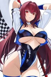  absurdres arms_up bamboo_tac black_bra black_leotard blue_leotard blue_thighhighs blush bra breasts checkered_flag cleavage cropped_jacket detached_sleeves fate/grand_order fate_(series) female flag gae_bolg_(fate) highleg highleg_leotard highres jacket large_breasts leotard long_hair looking_at_viewer multicolored_leotard polearm purple_hair race_queen red_eyes scathach_(fate) short_sleeves solo spear thighhighs thighs underwear weapon white_jacket 