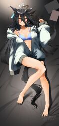  ahoge alternate_costume animal_ears back barefoot black_hair blue_bra blush bra breasts cleavage collarbone commentary_request drawstring earrings feet female full_body grey_hoodie hair_between_eyes heart heart_ahoge highres hood hood_down hoodie horse_ears horse_girl horse_tail jewelry komb long_hair long_sleeves lying manhattan_cafe_(umamusume) multicolored_hair on_back on_bed open_clothes open_hoodie parted_lips puffy_long_sleeves puffy_sleeves single_earring small_breasts solo streaked_hair tail umamusume underwear very_long_hair white_hair zipper 