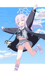  absurdres ahoge black_jacket black_neckerchief blue_archive blue_hair blue_sky closed_eyes cloud cloudy_sky female grey_shirt grey_skirt hair_ornament halo highres jacket low_ponytail midriff multicolored_hair nanju_bami neckerchief open_clothes open_jacket open_mouth panties pantyshot pink_hair pink_shoes pleated_skirt ponytail reisa_(blue_archive) sailor_collar shirt shoes skirt sky socks solo standard_manufacturing_dp-12 star_(symbol) star_hair_ornament star_halo striped_clothes striped_panties striped_socks underwear weapon white_sailor_collar 