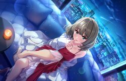  aqua_eyes blush breasts candle cityscape cleavage coat couch crossed_legs dress dutch_angle eyelashes feet female finger_to_mouth foot_out_of_frame grey_hair hand_up idolmaster idolmaster_cinderella_girls idolmaster_cinderella_girls_starlight_stage indoors jewelry knee_up legs long_sleeves looking_at_viewer medium_breasts medium_hair mole mole_under_eye necklace night night_sky off_shoulder official_art on_couch open_clothes open_coat parted_lips red_dress shoe_dangle shoes shooting_star single_shoe sitting sky solo takagaki_kaede toe_cleavage unworn_shoes white_coat 