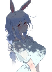  aemaru_(kenzenahemaru) animal_ear_fluff animal_ears blue_hair braid braided_ponytail breasts dress female highres hololive large_breasts long_hair looking_at_viewer mature_female multicolored_hair open_mouth pekomama rabbit_ears rabbit_girl shade short_eyebrows solo sweat thick_eyebrows tree_shade two-tone_hair virtual_youtuber white_hair 