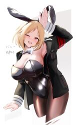  absurdres animal_ears armband armpits artist_name b-luck_coffee black_bow black_bowtie black_jacket black_leotard black_pantyhose blonde_hair blush bow bowtie breasts character_name cleavage collar commentary cropped_legs detached_collar english_commentary fake_animal_ears female girls&#039;_frontline grey_background highres jacket large_breasts leotard looking_at_viewer military_jacket mp40_(champagne_of_spades)_(girls&#039;_frontline) mp40_(girls&#039;_frontline) official_alternate_costume open_clothes open_jacket open_mouth pantyhose pink_eyes playboy_bunny rabbit_ears rabbit_pose red_armband short_hair simple_background smile solo strapless strapless_leotard teeth twitter_username two-tone_background upper_teeth_only white_background white_collar 