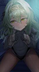  absurdres ass_visible_through_thighs black_gloves black_ribbon blush breasts brown_pantyhose cockpit covered_navel embarrassed facing_viewer female fur_collar fur_trim furrowed_brow gloves goddess_of_victory:_nikke green_hair hair_between_eyes hair_intakes hair_ribbon hairband highres index_fingers_together kilo_(nikke) leotard long_hair long_sleeves looking_to_the_side mechanical_gloves pantyhose ribbon shrug_(clothing) sitting small_breasts solo ssa_(kiseion) tearing_up thighs wavy_mouth yellow_eyes yellow_hairband 