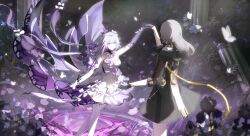  2girls absurdly_long_hair absurdres animal_print bare_shoulders black_coat black_gloves bow bowtie bra_strap breasts brooch bug butterfly butterfly_print castorice_(honkai:_star_rail) cleavage closed_mouth coat collar dancing detached_collar dress dress_bow elbow_gloves feet_out_of_frame field floating_clothes floating_hair flower flower_brooch flower_field frilled_collar frilled_dress frills gloves gradient_bow gradient_bowtie gradient_hair grey_hair happy high_collar highres holding_hands honkai:_star_rail honkai_(series) jewelry light_particles light_rays long_hair looking_at_another magic meng_qiao multicolored_hair multiple_girls pale_skin pantyhose pillar purple_bow purple_bowtie purple_butterfly purple_collar purple_flower purple_gloves purple_hair ribbon ruins short_dress single_elbow_glove single_wrist_cuff smile stelle_(honkai:_star_rail) strapless strapless_dress trailblazer_(honkai:_star_rail) train_(clothing) very_long_hair white_bow white_dress white_pantyhose white_ribbon white_wrist_cuffs wrist_cuffs wrist_ribbon 