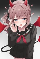  asymmetrical_sidelocks black_ribbon black_sailor_collar black_serafuku black_shirt black_skirt blue_eyes blunt_bangs blush breasts brown_hair collarbone commentary_request cowboy_shot demon_girl demon_horns demon_tail demon_wings fake_horns fake_tail fake_wings female gradient_background grey_background hair_ribbon hand_up heart highres horns kunizaki large_breasts leaning_forward long_sleeves looking_at_viewer loving_aura mochizuki_honami neckerchief open_mouth outline pleated_skirt project_sekai red_neckerchief ribbon sailor_collar school_uniform serafuku shirt side_ponytail simple_background skirt smile solo standing tail whispering white_outline wings 