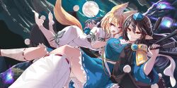  2girls animal_ear_fluff animal_ears armor black_coat blonde_hair blue_dress blue_hat breasts brown_hair closed_mouth cloud coat commentary dress english_commentary fox_ears fox_girl fox_tail full_moon game_cg green_ribbons hair_between_eyes hat highres holding holding_tripod iizunamaru_megumu kagami_toufu kneehighs kudamaki_tsukasa leaf_print long_hair long_sleeves maple_leaf_print moon multiple_girls neck_ribbon night night_sky official_art open_clothes open_coat open_mouth pauldrons pointy_ears pom_pom_(clothes) print_socks red_eyes ribbon ribbon-trimmed_sleeves ribbon-trimmed_socks ribbon_trim romper shoulder_armor shoulder_guard single_pauldron sky sleeveless sleeveless_coat smile socks star_(sky) surcoat tail third-party_source tokin_hat touhou touhou_lostword tripod very_long_hair white_romper white_socks wide_sleeves 