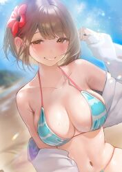  absurdres beach bikini blue_bikini blue_sky breasts brown_hair cleavage cloud collarbone day female flower grin hair_flower hair_ornament highres inushima jacket large_breasts looking_at_viewer navel original outdoors short_hair sky smile solo swimsuit upper_body veins veiny_breasts white_jacket 