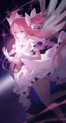  absurdres bow breasts choker commentary_request dress feet_out_of_frame female floating floating_hair floating_object gloves glowing hairbow hands_up high-low_dress highres kaname_madoka long_hair looking_at_object mahou_shoujo_madoka_magica mahou_shoujo_madoka_magica_(anime) medium_breasts parted_lips pink_hair shali short_sleeves solo soul_gem star_(sky) starry_sky_background thighhighs two_side_up ultimate_madoka very_long_hair white_bow white_choker white_dress white_gloves yellow_eyes 