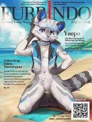  absurd_res anthro athletic athletic_anthro athletic_male beach blue_body blue_eyes blue_fur bottomless bottomless_anthro bottomless_male clothed clothing collar deruu_(kurarifox) eyewear featureless_crotch felid fur goggles grey_body grey_fur hair hi_res hoodie hoodie_only leopard looking_at_viewer magazine male male_anthro mammal multicolored_body pantherine pose sashiki smile solo topwear topwear_only white_body white_fur 