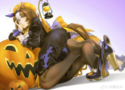  ahoge animal_ears arm_support ass back_bow black_dress black_shoes bow breasts brown_hair commentary_request dress ear_covers feet female frilled_dress frills full_body gradient_background hair_between_eyes hairband hat head_rest high_heels highres horse_ears horse_girl horse_tail horseshoe jack-o&#039;-lantern juliet_sleeves kneeling long_sleeves medium_breasts meisho_doto_(dot-o&#039;-lantern)_(umamusume) meisho_doto_(umamusume) multicolored_hair official_alternate_costume orange_bow orange_hat orange_ribbon puffy_sleeves pumpkin purple_hairband ribbon ruukii_drift shoes short_hair single_ear_cover soles solo streaked_hair tail tail_through_clothes torn_clothes torn_dress umamusume watermark weibo_watermark white_hair 