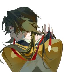  1boy absurdres bridal_gauntlets brown_hair from_behind glasses hair_down highres long_hair looking_at_viewer looking_back male_focus miyouer919 mouth_hold nape portrait red_eyes red_ribbon ribbon simple_background solo white_background ye_shiyuan zenless_zone_zero 