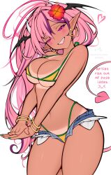  alternate_costume ark_evil02 asymmetrical_bangs bangle bare_shoulders bikini bikini_under_shorts bluesky_username bracelet brazilian_miku brazilian_miku_(cosplay) breasts cleavage commentary cosplay cutoffs demon_girl demon_horns denim denim_shorts earrings english_text exposed_pocket eyelashes female fingernails flower green_nails green_trim grin hair_flower hair_intakes hair_ornament half-closed_eyes hatsune_miku head_wings heart highleg highleg_bikini highres horns ironmouse jewelry large_breasts light_blush lips long_hair looking_at_viewer micro_shorts multicolored_hair nail_polish navel necklace oerba_yun_fang open_fly patreon_username pink_hair pointy_ears purple_eyes purple_hair shorts smile solo stomach streaked_hair swimsuit tail tan tanlines thick_thighs thighs virtual_youtuber vocaloid vshojo white_background wings yellow_bikini yellow_nails 