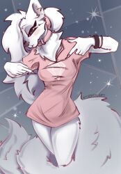  anthro claws clothing collar crystal female finger_claws fluffy fluffy_tail fur hair hi_res long_hair long_tail pinup pose shirt solo stirren t-shirt tail topwear vilka white_body white_fur 