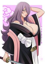  black_kimono breasts camilla_(fire_emblem) cleavage cosplay female fire_emblem fire_emblem_fates hair_over_one_eye highres holding holding_sword holding_weapon huge_breasts ihsnet japanese_clothes jewelry katana kimono lips long_hair looking_at_viewer matsumoto_rangiku matsumoto_rangiku_(cosplay) necklace open_cleavage purple_eyes purple_hair shihakusho solo sword very_long_hair wavy_hair weapon zanpakutou 