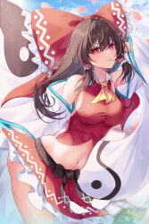  arm_behind_back arm_up armpits ascot bare_shoulders black_ribbon blue_sky blush bow breasts brown_hair cloud cloudy_sky collared_vest commentary_request cowboy_shot cropped_vest day detached_sleeves falling_petals female floating_hair frilled_bow frilled_hair_tubes frilled_skirt frills glowing glowing_eyes hair_between_eyes hair_tubes hairbow hakurei_reimu highres large_breasts long_hair long_sleeves looking_at_viewer microskirt navel nontraditional_miko orb outdoors parted_lips pennosuke petals red_bow red_eyes red_skirt red_vest ribbon sideboob skindentation skirt sky smile solo stomach thick_thighs thighs touhou two-tone_bow two-tone_skirt vest waist_ribbon white_bow white_skirt white_sleeves wide_sleeves yellow_ascot yin_yang yin_yang_orb 