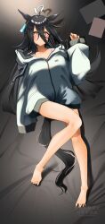  ahoge alternate_costume animal_ears back barefoot black_hair blush breasts collarbone commentary_request drawstring earrings feet female full_body grey_hoodie hair_between_eyes heart heart_ahoge highres hood hood_down hoodie horse_ears horse_girl horse_tail jewelry komb long_hair long_sleeves lying manhattan_cafe_(umamusume) multicolored_hair on_back on_bed puffy_long_sleeves puffy_sleeves single_earring small_breasts smile solo streaked_hair tail umamusume very_long_hair white_hair zipper 
