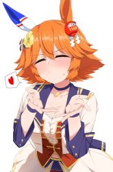  absurdres blowing_kiss blush breasts choker cleavage closed_eyes closed_mouth clover_hair_ornament collarbone commentary_request corset daruma_doll ear_covers embarrassed facing_away female flipped_hair four-leaf_clover_hair_ornament hair_between_eyes hair_ornament heart highres jacket long_sleeves matikanefukukitaru_(umamusume) medium_breasts midriff navel nerukichikatafukuma nose_blush orange_hair pendant_choker purple_choker purple_shorts red_corset short_hair shorts simple_background single_ear_cover skirt solo spoken_heart starting_future_(umamusume) umamusume umapyoi_densetsu white_background white_jacket white_skirt 