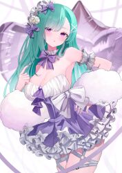  absurdres alternate_costume blush bow bowtie breasts cleavage detached_collar dress female flower frilled_dress frills green_hair hair_flower hair_ornament hairbow highres long_hair looking_at_viewer mole mole_on_breast open_mouth purple_bow purple_bowtie purple_dress purple_eyes solo virtual_youtuber vspo! white_flower x_hair_ornament yakumo_beni yofo 