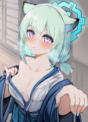  absurdres animal_ear_fluff animal_ears blue_archive blush breasts collarbone commentary_request female green_hair grey_nails halo hands_up heavy_breathing highres japanese_clothes kimono long_sleeves looking_at_viewer medium_breasts nail_polish obi off_shoulder purple_eyes sash shi_(kamokamo910) shigure_(blue_archive) shigure_(hot_spring)_(blue_archive) smile solo white_kimono wide_sleeves 