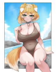  absurdres adjusting_clothes adjusting_swimsuit animal_ears arm_support armpit_crease bare_shoulders beach belt_collar blonde_hair blue_collar blue_sky blush bonnie_barkswell border breasts cleavage closed_mouth cloud collar collarbone commentary covered_navel day dog_ears dog_girl dog_tail english_commentary female globie green_eyes grey_one-piece_swimsuit groin hair_between_eyes hand_up highleg highleg_one-piece_swimsuit highres knees large_breasts looking_at_viewer mayoa ocean one-piece_swimsuit outdoors outside_border raised_inner_eyebrows sand short_hair sitting sky solo swept_bangs swimsuit tail trembling virtual_youtuber water white_border 