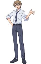  1boy anime_coloring arm_up belt brown_hair collared_shirt full_body glasses grey_necktie grey_pants hand_on_own_hip loafers necktie official_art one_eye_closed ootori_haruto open_hand pants purple_eyes sakimoto_sayuri school_uniform shirt shoes short_hair simple_background sleeves_rolled_up sokushi_cheat_ga_saikyou_sugite_isekai_no_yatsura_ga_marude_aite_ni_naranai_n_desu_ga standing transparent_background white_shirt 