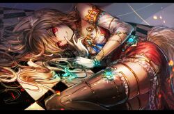  animal_ear_fluff animal_ears blonde_hair breasts brown_thighhighs closed_mouth commentary_request detached_sleeves dress female gloves long_hair looking_at_viewer lying on_side original red_dress red_eyes rudia smile solo tail thighhighs very_long_hair white_gloves 