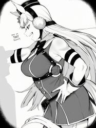  1boy absurdres animal_ears bare_shoulders blunt_bangs bow breasts collar english_text female from_side gloves gold_ship_(umamusume) greyscale hand_on_wall hat height_difference highres horse_ears horse_girl horse_tail kabedon large_breasts long_hair looking_down masoq monochrome muscular muscular_female o-ring open_mouth pillbox_hat tail tall_female teeth trainer_(umamusume) umamusume white_hair 