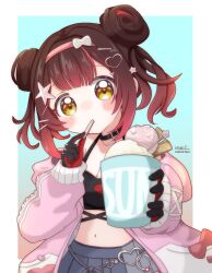  artist_name black_choker black_gloves blue_skirt blush breasts brown_hair choker cleavage cup disposable_cup double_bun female food gloves gradient_hair hair_bun hair_ornament hairband heart heart_hair_ornament highres hololive holonatsu_paradise jacket long_sleeves looking_at_viewer midriff multicolored_hair mului. navel open_clothes open_jacket pink_hairband pink_jacket pleated_skirt puffy_long_sleeves puffy_sleeves roboco-san roboco-san_(holonatsu_paradise) shaved_ice signature skirt solo star_(symbol) star_hair_ornament two-tone_background utensil_in_mouth virtual_youtuber 