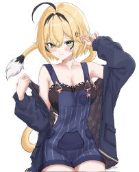  blonde_hair blush commentary dooby_(vtuber) english_commentary female green_eyes highres indie_virtual_youtuber jacket looking_at_viewer multicolored_hair open_clothes open_jacket overalls pennylessmac short_hair simple_background solo tail virtual_youtuber white_background 