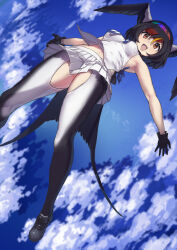  bare_shoulders barn_swallow_(kemono_friends) bird_girl bird_tail bird_wings black_gloves black_hair black_pantyhose black_shoes blue_bow blue_bowtie blue_sky bow bowtie brown_eyes cloud crotch_cutout female flying from_below gloves hair_between_eyes head_wings kemono_friends looking_at_viewer midriff_peek multicolored_hair open_mouth orange_hair pantyhose pleated_skirt red_hair shirt shoes short_hair sidelocks skirt sky sleeveless smile solo tadano_magu tail two-tone_pantyhose white_pantyhose white_shirt white_skirt wings 