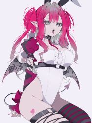  animal_ears asymmetrical_legwear baobhan_sith_(fate) black_thighhighs black_wings blood blood_from_mouth breasts collarbone demon_tail demon_wings ear_piercing fate/grand_order fate_(series) female fingernails grey_background grey_eyes hair_ornament hairclip heart heart_tattoo highres i10_ksw leg_tattoo leotard long_hair nail_polish oerba_yun_fang open_mouth pale_skin piercing pink_hair pink_nails pink_ribbon pink_sleeves pink_thighhighs pointy_ears rabbit_ears ribbon simple_background single_thighhigh skin_fang solo striped_clothes striped_thighhighs tail tattoo thighhighs thighs tongue tongue_out two-tone_thighhighs two_side_up underbust white_leotard wings 