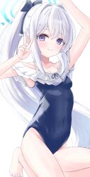  blue_archive blue_halo blue_one-piece_swimsuit breasts casual_one-piece_swimsuit female frilled_one-piece_swimsuit frills halo highres looking_at_viewer miyako_(blue_archive) miyako_(swimsuit)_(blue_archive) off-shoulder_one-piece_swimsuit off_shoulder official_alternate_costume one-piece_swimsuit ponytail purple_eyes simple_background small_breasts smile solo swimsuit tomato_greening two-tone_one-piece_swimsuit v white_background white_hair 