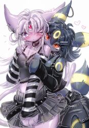 2025 anthro bell bell_collar bite black_hair blush blush_lines bottomwear breasts clothing collar cross duo ear_piercing eeveelution espeon eyelashes female female/female forehead_gem fur gem generation_2_pokemon grey_body grey_fur hair heart_symbol hi_res love_bite maimoonrabbit markings nintendo one_eye_closed piercing pokemon pokemon_(species) purple_body purple_eyes purple_hair red_eyes ring_(marking) shoulder_bite signature simple_background skirt tail umbreon 