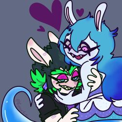  1:1 2022 4_fingers amethyst_(gem) anthro artist_name bent_arm black_clothing black_hair black_jacket black_topwear blue_eyelids blue_eyes blue_hair blush blush_lines clothed clothed_anthro clothed_female clothing cuddling digital_drawing_(artwork) digital_media_(artwork) dress duo edge_(mario_plus_rabbids) english_description eyebrows eyelashes fangs female female/female female_anthro fingers flat_colors flyinurfries fur gem ghost green_eyebrows green_hair grey_background hair half-closed_eyes heart_symbol hi_res hybrid jacket kiss_mark kiss_mark_on_arm kiss_mark_on_ear kiss_mark_on_face lagomorph lipstick long_ears long_hair makeup mammal mario_plus_rabbids_sparks_of_hope midnite_(mario_plus_rabbids) multicolored_clothing multicolored_dress multicolored_hair narrowed_eyes nintendo no_eyebrows noseless open_clothing open_jacket open_topwear pink_inner_ear purple_clothing purple_dress purple_ear_piercing purple_eyelids purple_eyes purple_lipstick purple_shirt purple_topwear rabbid raving_rabbids rayman_(series) red_mouth shirt simple_background smile smiling_at_another smiling_at_partner smiling_at_viewer spirit teeth text toothy_grin topwear two_tone_hair ubisoft white_body white_fur yellow_teeth 
