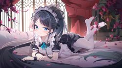  absurdly_long_hair apron aris_(blue_archive) aris_(maid)_(blue_archive) black_dress black_hair black_wrist_cuffs blue_archive blue_eyes blue_ribbon blush closed_mouth collared_dress commentary contrast_collar curtains dress feet_up female flower frilled_apron frilled_pillow frills hand_on_own_arm high_ponytail highres indoors long_hair long_sidelocks looking_at_viewer lying maid maid_apron maid_headdress making-of_available neck_ribbon no_halo no_shoes official_alternate_costume official_alternate_hairstyle on_bed on_stomach pantyhose parted_bangs pillow pink_petals ponytail puffy_short_sleeves puffy_sleeves ribbon short_sleeves sidelocks signature smile soles solo split_mouth teeth_bro the_pose toes very_long_hair white_apron white_headdress white_pantyhose window wrist_cuffs 