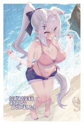  :o absurdres animal_ears bare_legs bare_shoulders beach bikini bikini_under_shorts black_nails blush border bow bow_bikini breasts bright_pupils character_request cleavage commentary_request copyright_request cross_hair_ornament cutoffs day denim denim_shorts dog_ears earrings feet female fingernails flying_sweatdrops foreshortening from_above full_body grey_hair hair_between_eyes hair_intakes hair_ornament hairbow hairclip highleg highleg_bikini highres jewelry knees_together_feet_apart large_breasts long_bangs long_hair looking_ahead nail_polish no_shirt ocean orange_eyes outdoors outside_border parted_lips pigeon-toed pink_bikini pink_nails ponytail purple_bow purple_shorts raised_inner_eyebrows rock sand shadow shirogami_seisho short_shorts shorts solo standing stomach stud_earrings swimsuit toenail_polish toenails toes translation_request very_long_hair virtual_youtuber water white_border white_pupils 