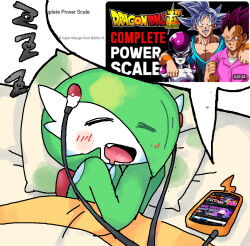  bed blush closed_eyes dragon_ball earbuds electronics frieza furniture gardevoir generation_3_pokemon goku hair hair_over_eye headphones humanoid lying lying_on_bed melfunnysmell nintendo on_bed open_mouth pokemon pokemon_(species) sleeping snaggle_tooth solo sound_effects vegeta vowelless vowelless_sound_effect zzz 