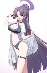  absurdres bikini black_bikini blue_archive breasts cobe female halo highres hyakkaryouran_(blue_archive) large_breasts long_hair looking_at_viewer navel ponytail purple_eyes purple_hair purple_halo swimsuit thigh_strap thighs white_background yukari_(blue_archive) yukari_(swimsuit)_(blue_archive) 