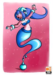  2025 2_horns anthro blue_bra blue_clothing blue_hair blue_underwear border bottle bra breasts clothing container countershading female floating genie gonzo23 grey_body grey_countershading hair hi_res horn kobold looking_at_viewer lora_tsuki midriff open_mouth pink_background scalie simple_background solo sparkles underwear waistband white_border 