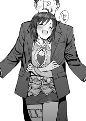  1boy antenna_hair blush breasts cleavage cleavage_cutout closed_eyes clothing_cutout cowboy_shot faceless faceless_male female floral_(idolmaster) greyscale highres idolmaster idolmaster_(classic) jacket kikuchi_makoto lapels monochrome navel navel_cutout notched_lapels open_clothes open_jacket open_mouth producer_(idolmaster) short_hair simple_background smile standing straight suit_jacket sweatdrop tsurui white_background 