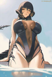  au_ra black_one-piece_swimsuit breasts brown_eyes closed_mouth covered_navel dragon_horns dragon_tail eyebrows_hidden_by_hair female final_fantasy final_fantasy_xiv from_below highres horns large_breasts light_blush lipstick looking_at_viewer makeup medium_hair one-piece_swimsuit partially_submerged pool scales solo swimsuit tail tomatoketchup96 underboob warrior_of_light_(ff14) 