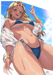  absurdres bare_shoulders bikini blonde_hair blue_bikini blue_eyes blue_sky blush breasts centi_(nikke) centi_(ocean_repair)_(nikke) cleavage earrings female goddess_of_victory:_nikke highleg highleg_bikini highres hoop_earrings jewelry large_breasts long_hair long_sleeves looking_at_viewer navel open_mouth parted_bangs sideboob sky smile solo stomach swimsuit tan tanlines thighs underboob whoosaku 