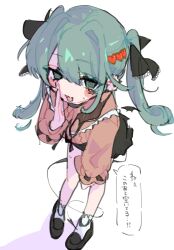  @_@ ao_6336 aqua_eyes aqua_hair black_ribbon blush demon_tail demon_wings female hair_between_eyes hair_ornament hair_ribbon hairpin hatsune_miku heart heart_hair_ornament highres jirai_kei long_hair long_sleeves looking_at_viewer mask mouth_mask oerba_yun_fang open_mouth ribbon skin_fang skirt smile solo speech_bubble tail twintails vampire_(vocaloid) very_long_hair vocaloid whispering white_background wings 