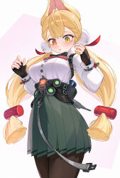  :o absurdres alice_thymefield animal_ears black_gloves black_pantyhose blonde_hair breasts buttons character_name commentary cowboy_shot doryfish female fingerless_gloves gloves green_skirt hands_up heterochromia highres long_hair long_sleeves looking_down low_twintails pantyhose pleated_skirt rabbit_ears rabbit_girl red_eyes shirt simple_background skirt solo sphere_hair_ornament twintails white_background white_shirt yellow_eyes zenless_zone_zero 