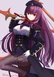  absurdres ascot beret black_coat black_hat black_skirt breasts brooch brown_pantyhose coat fate/grand_order fate_(series) female gloves hat highres jewelry large_breasts long_hair long_sleeves looking_at_viewer narukamikagerou pantyhose pencil_skirt pointer purple_hair red_eyes scathach_(fate) scathach_(fgo_fes._2025)_(fate) shirt skirt solo thighs white_gloves white_shirt 